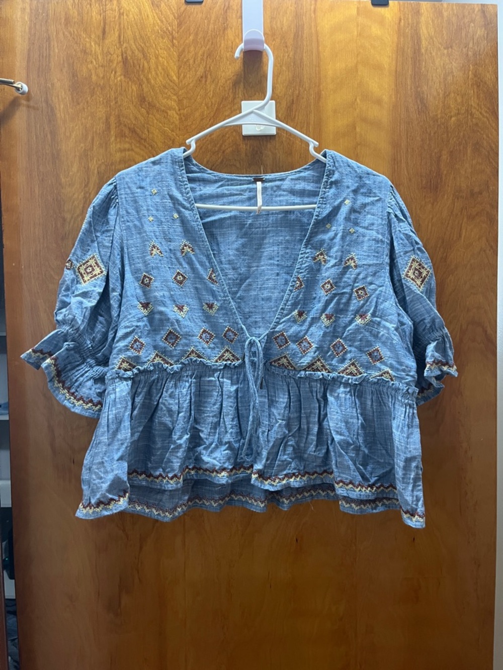 Free People Chambray Blue Cropped Embroidered Peasant Tunic